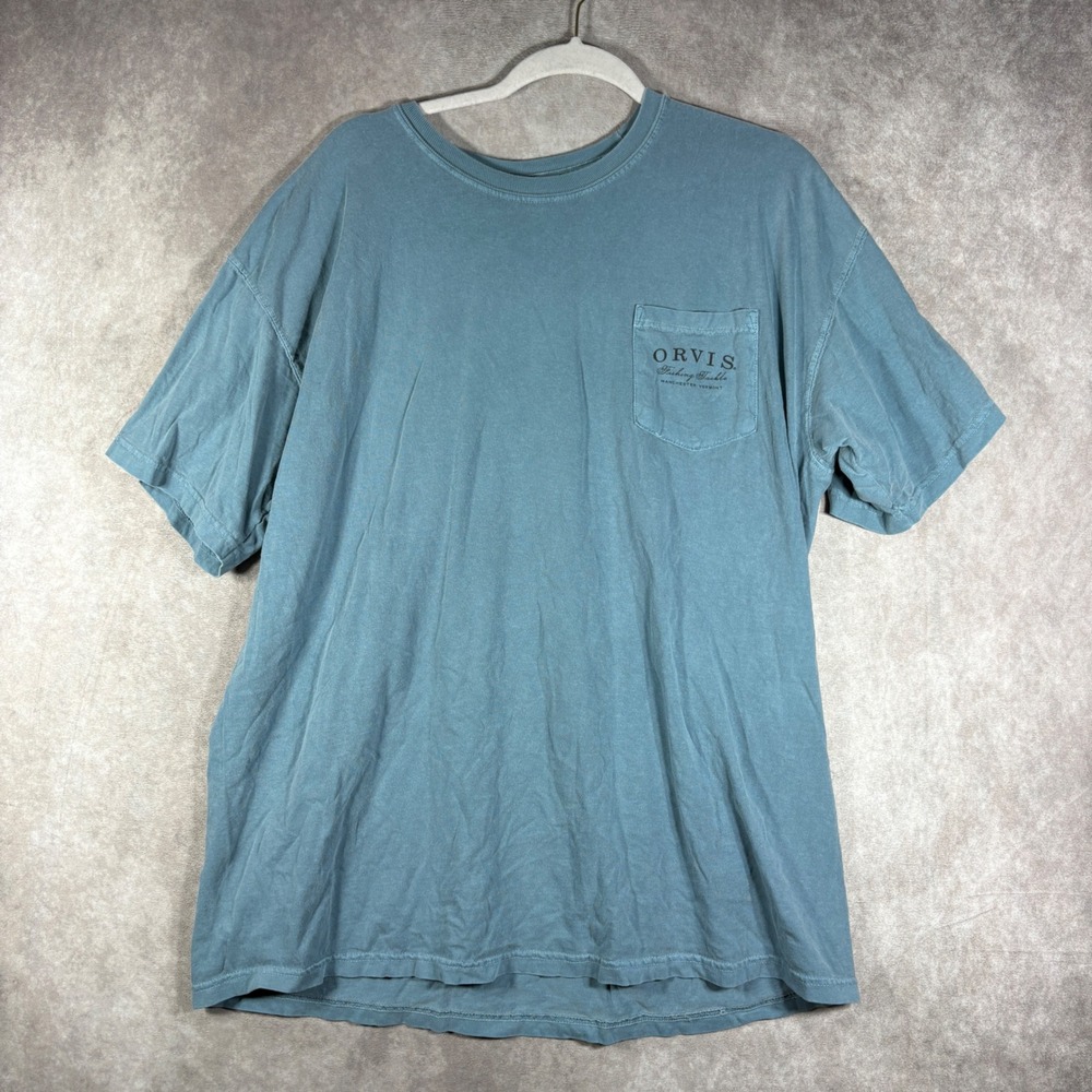 Orvis T Shirt Mens XL Blue Fishing Tackle Manchester Vermont Graphic Pocket Tee